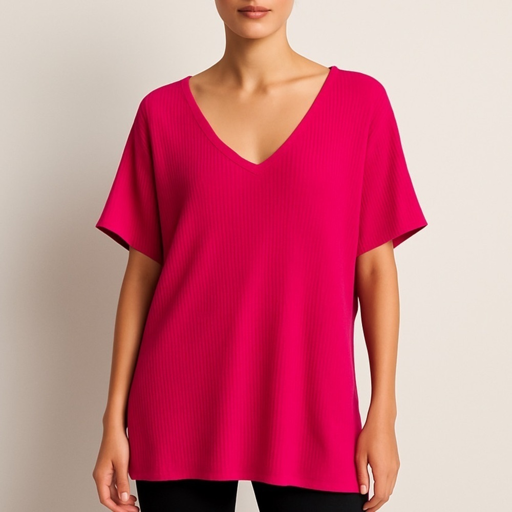 Zara ribbed knit relaxed V neck short sleeve tunic top M pink